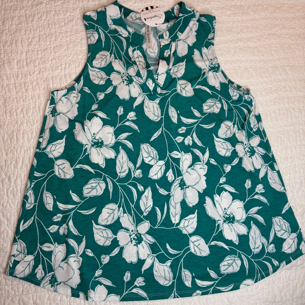 NEW Dear Scarlett Teal Floral Sleeveless Top Split V-Neck Blouse Women M cottage - Picture 8 of 10